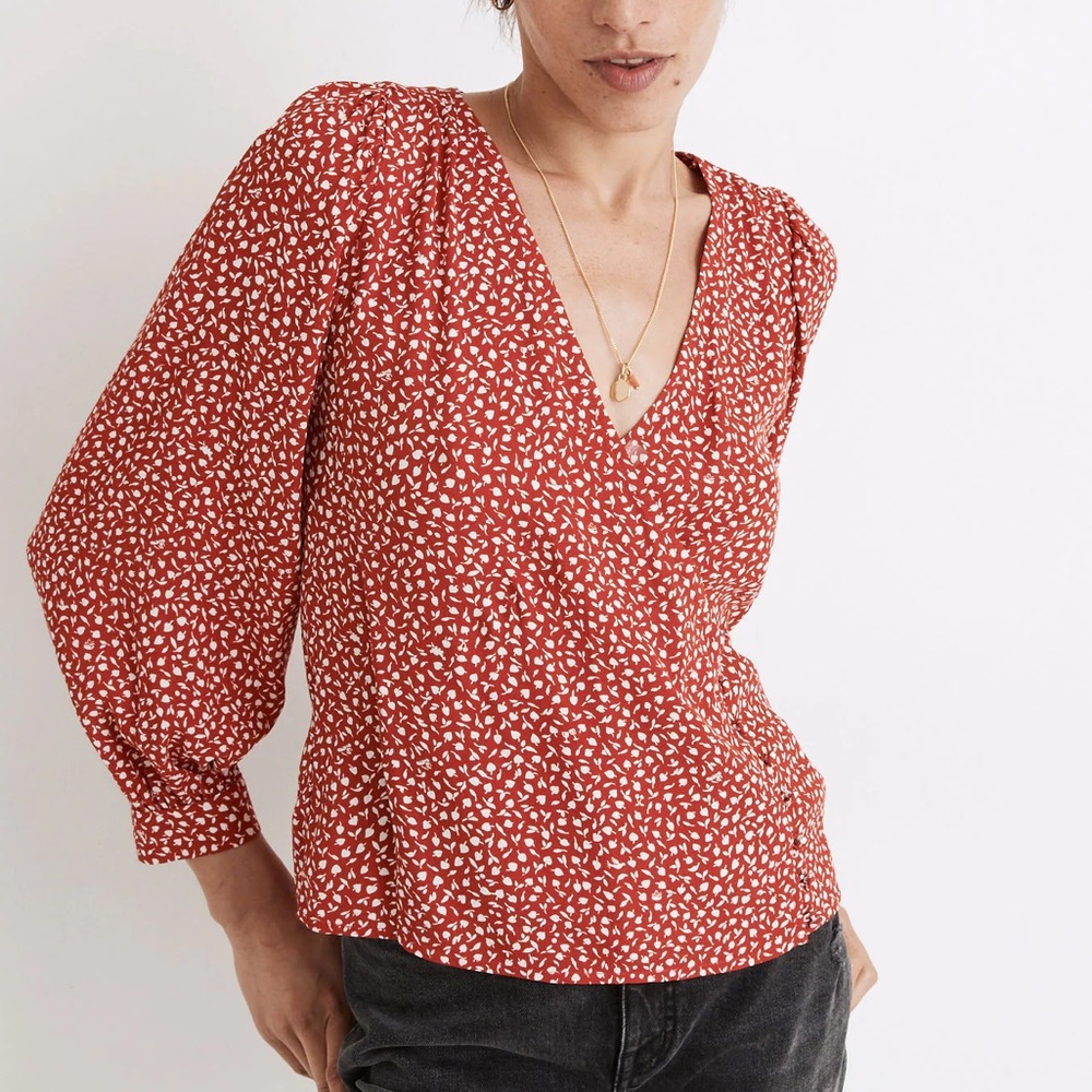 Madewell Kinston Side-Button Wrap Top in Park Picnic Blouse Small Red NB554